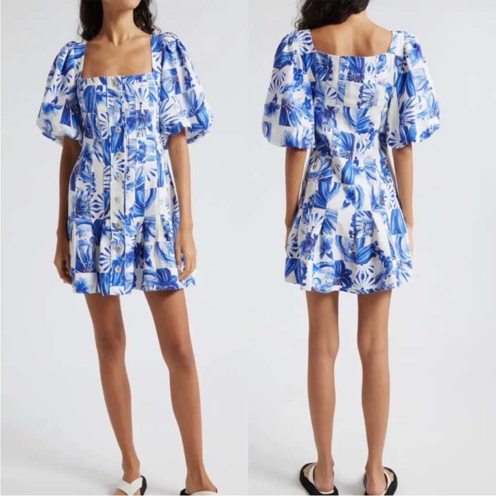Farm Rio Garden Tiles Button Front Linen Blend Mini Dress blue puff sleeve M